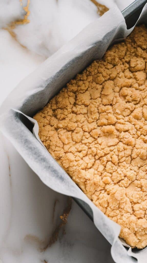 buttery crumble dough being pressed firmly into a parchment-lined square baking pan, forming a flat and even base layer