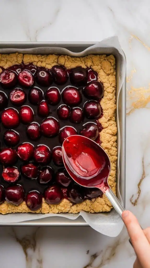 glossy cherry mixture being spooned over the pressed dough crust, red fruit distributed evenly in a single layer