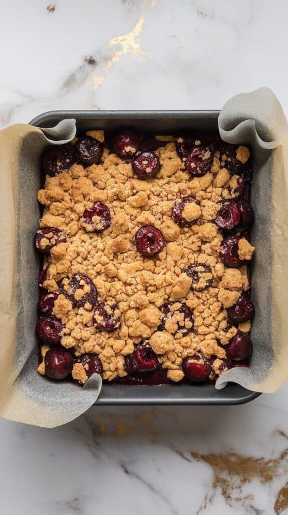 emaining buttery crumble dough being scattered over the cherry layer, some larger chunks for a rustic look