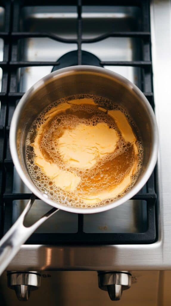 unsalted butter melted and bubbling in a saucepan, starting to turn golden brown with milk solids