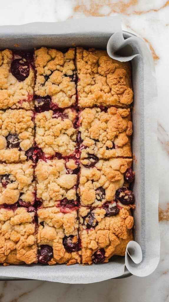  fully baked brown butter cherry crumble bars cooling in a parchment-lined pan, golden and crumbly on top, sliced into clean squares with cherry filling visible between layers