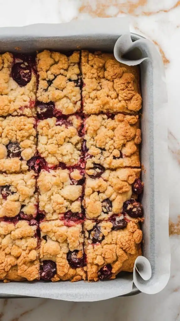 fully baked brown butter cherry crumble bars cooling in a parchment-lined pan, golden and crumbly on top, sliced into clean squares with cherry filling visible between layers