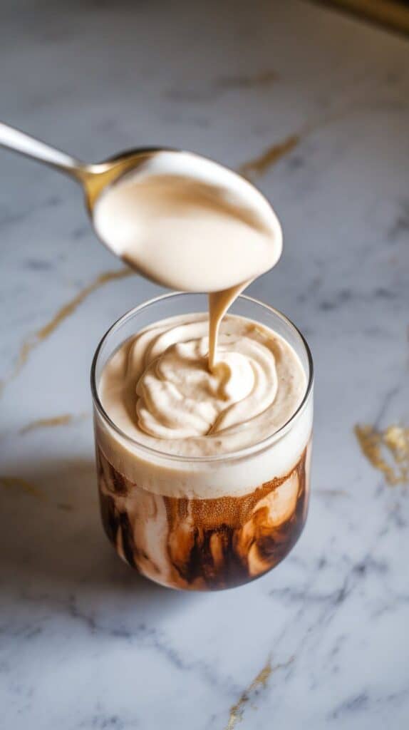 olden butterscotch syrup being drizzled into root beer over ice, sinking into the drink with light swirls forming