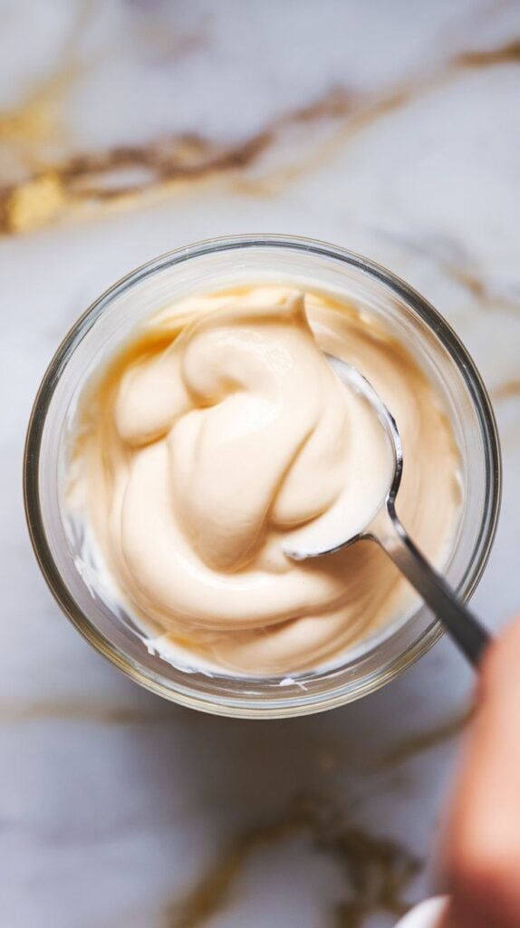 a small glass bowl with heavy cream and sweetened condensed milk being gently stirred with a spoon, creating a thick, glossy sweet cream mixture