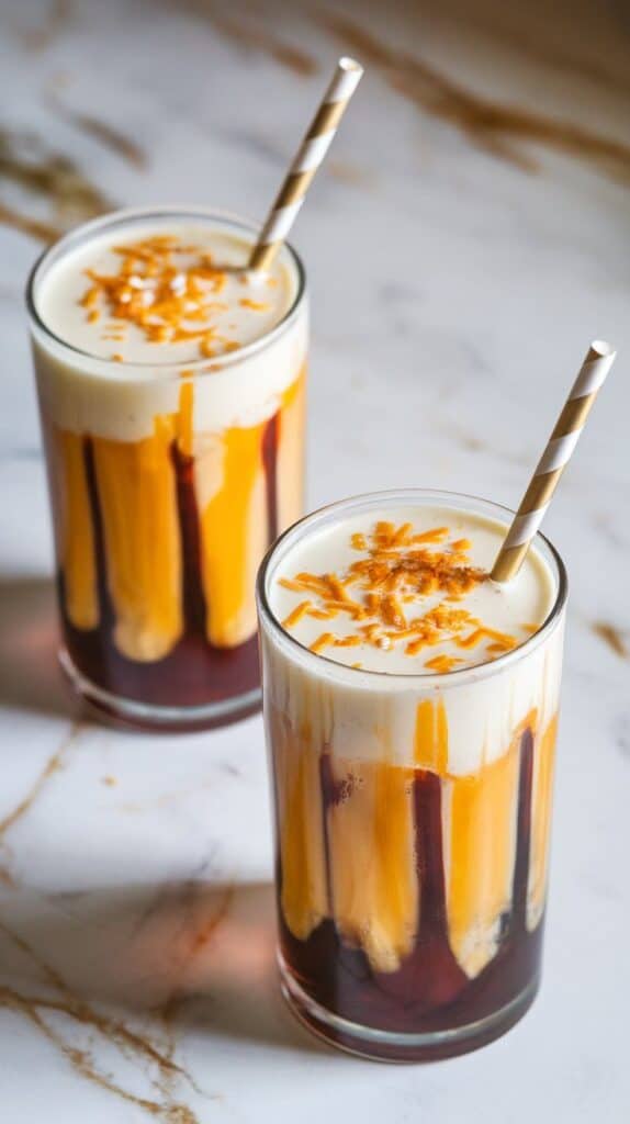 two completed butterscotch bliss dirty sodas served in clear tall glasses, with visible layers of root beer, butterscotch, and sweet cream, a striped straw in each