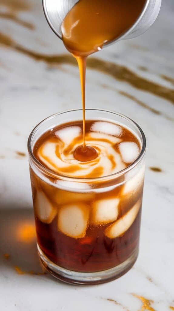 golden butterscotch syrup being drizzled into root beer over ice, sinking into the drink with light swirls forming