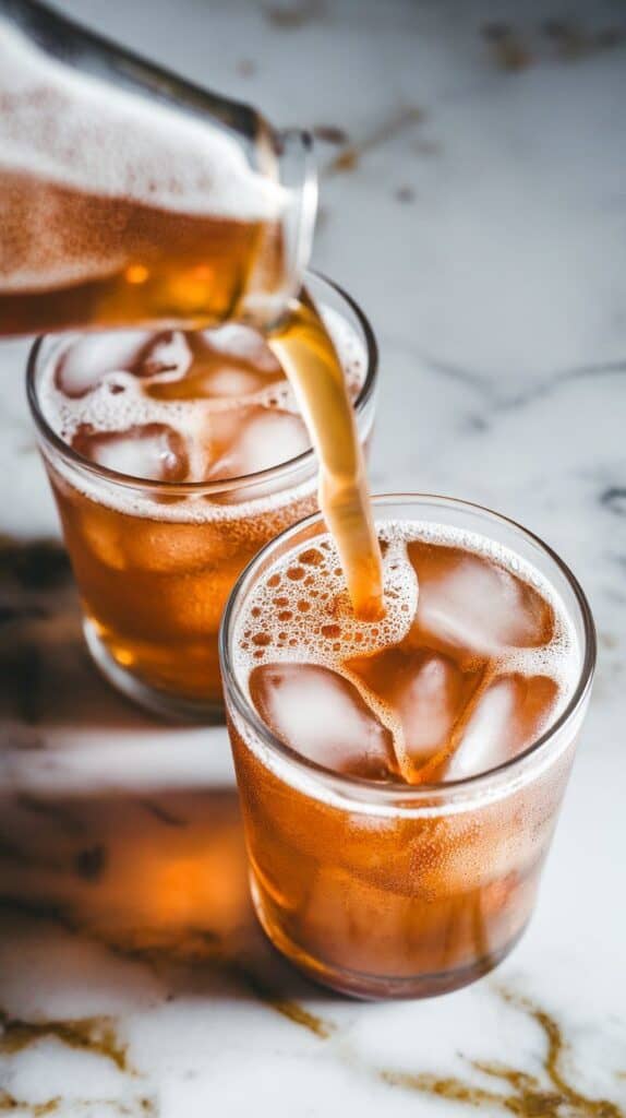 root beer being poured into two glasses filled with ice, showing bubbles and fizz rising to the top with frothy foam