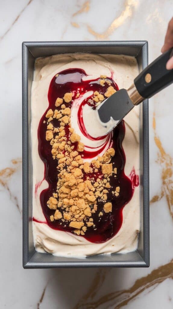  creamy ice cream base layered with glossy cherry sauce and crushed graham cracker crumbs in a loaf pan, knife swirling through the top for marbled effect