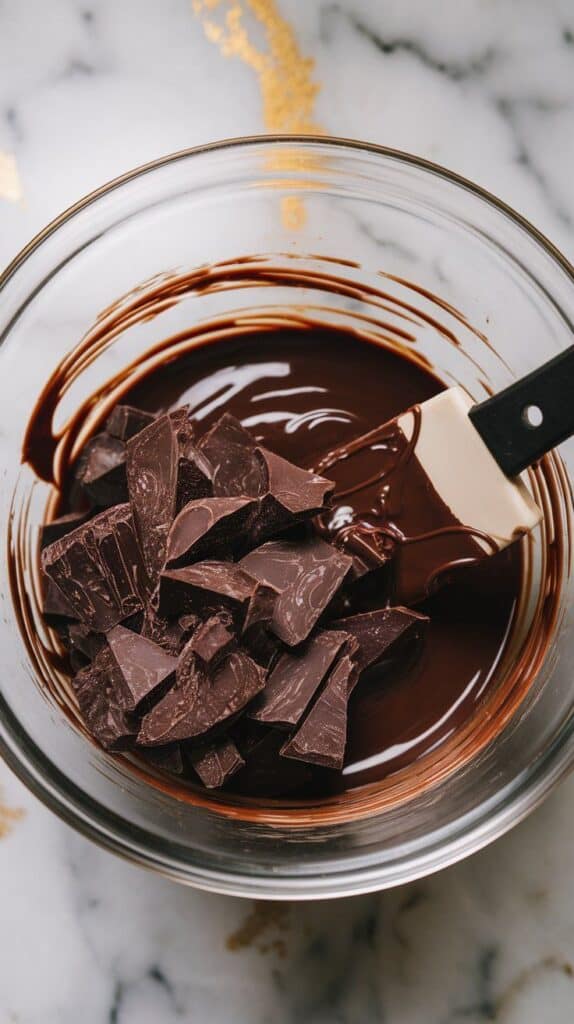 hopped dark chocolate half-melted in a glass bowl, being stirred into a glossy mixture with a spatula