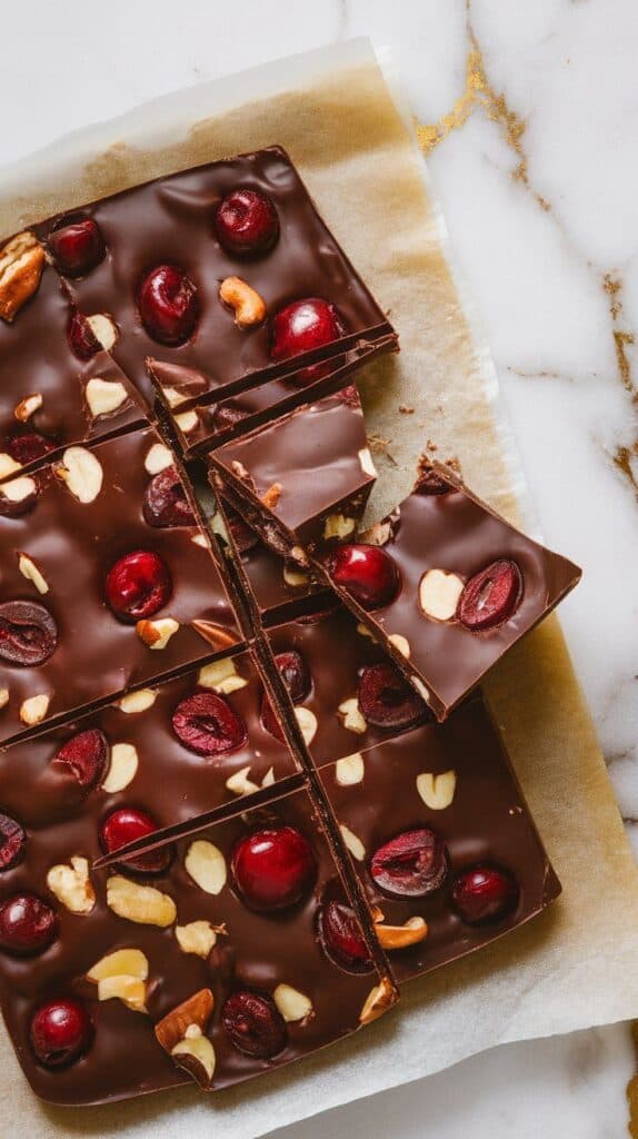 ully set cherry chocolate bark being broken into irregular pieces on parchment, glossy surface with visible cherry and nut chunks