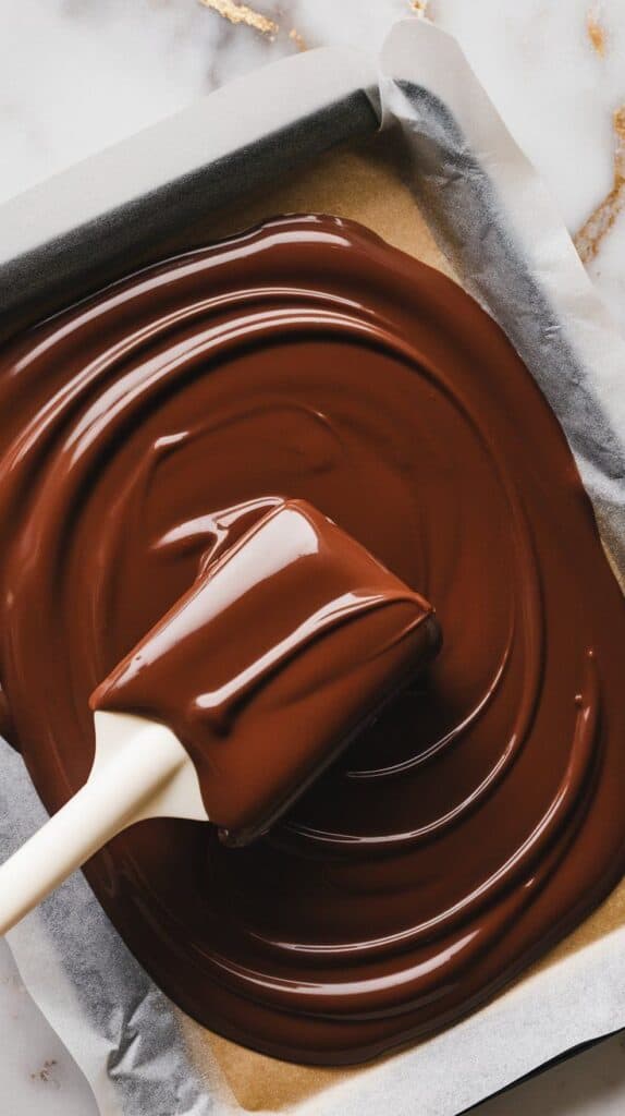 glossy melted chocolate being spread with a spatula into a smooth rectangle on parchment paper-lined baking sheet, edges clean and chocolate shiny