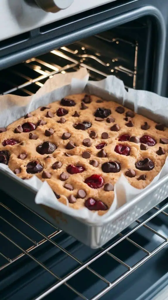 blondies baking on the center rack of a modern stainless steel double oven, golden brown top forming, cherries and chocolate 