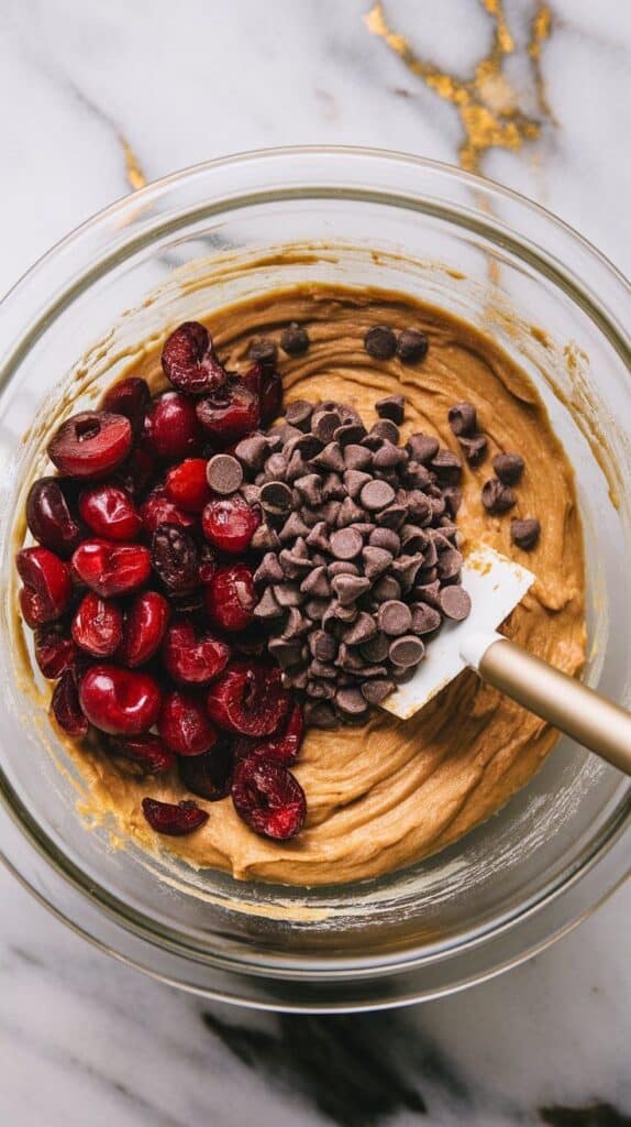 floured chopped cherries and chocolate chips being gently folded into thick golden blondie batter with a spatula, mix evenly distributed