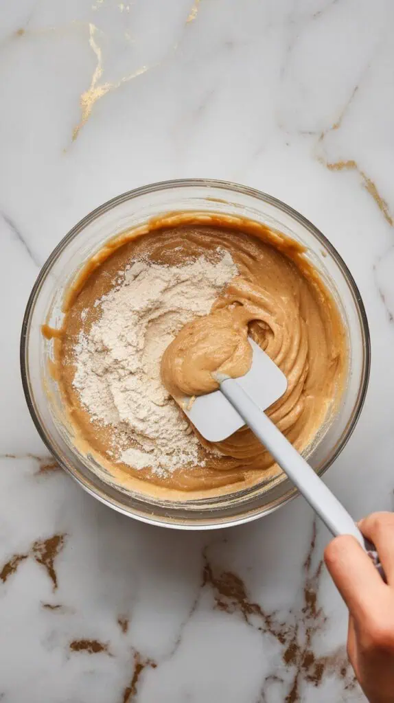  flour, baking powder, and salt being folded into wet batter with a spatula, texture thickening into classic blondie batter, 