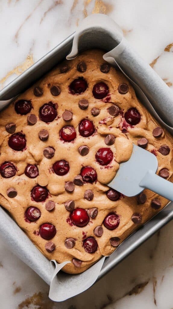 cherry chocolate chip blondie batter being spread evenly in a parchment-lined square baking pan, cherries and chocolate visible throughout the batter, spatula smoothing the top