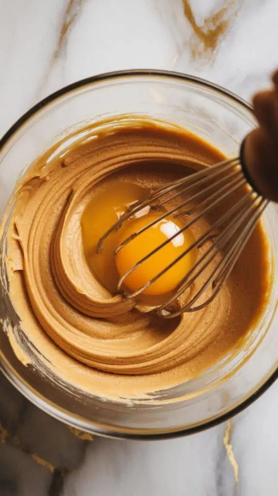 one egg and vanilla extract being whisked into the butter-sugar mixture, thick smooth batter forming, rich golden color,