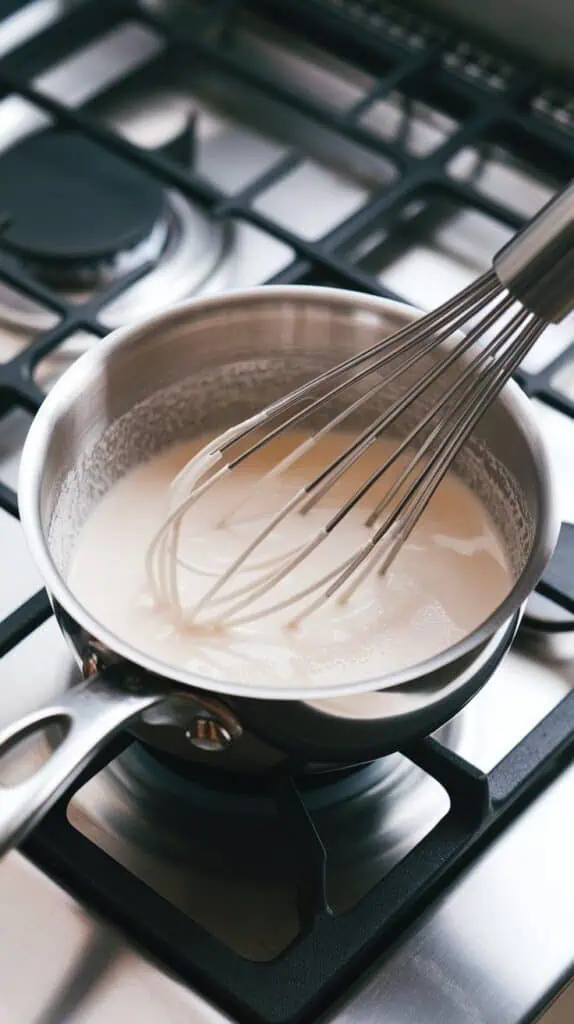 oconut milk (both full-fat and light) being whisked with sugar, cornstarch, vanilla extract, and a pinch of salt in a small saucepan