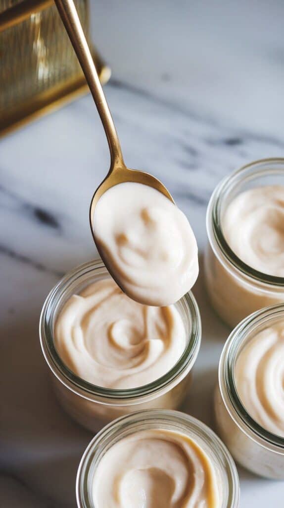 thick, smooth coconut pudding being spooned into small glass jars, surface settling smoothly, ready to chill, on white marble counters with hints of gold