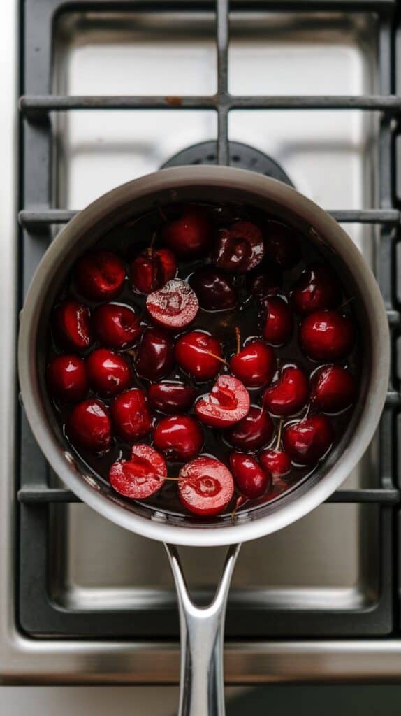 resh cherries simmering with sugar, lemon juice, and cornstarch in a small saucepan, glossy and thickened, deep red color developing