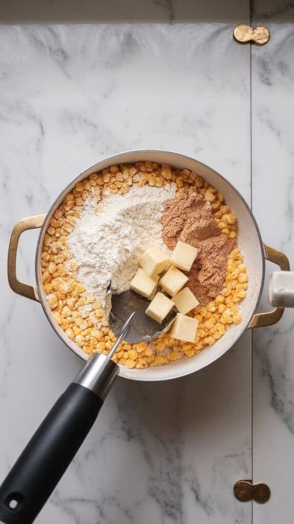 cornmeal, flour, brown sugar, cinnamon, and cubed cold butter being mixed into a crumbly topping with a pastry cutter, bits of butter still visible