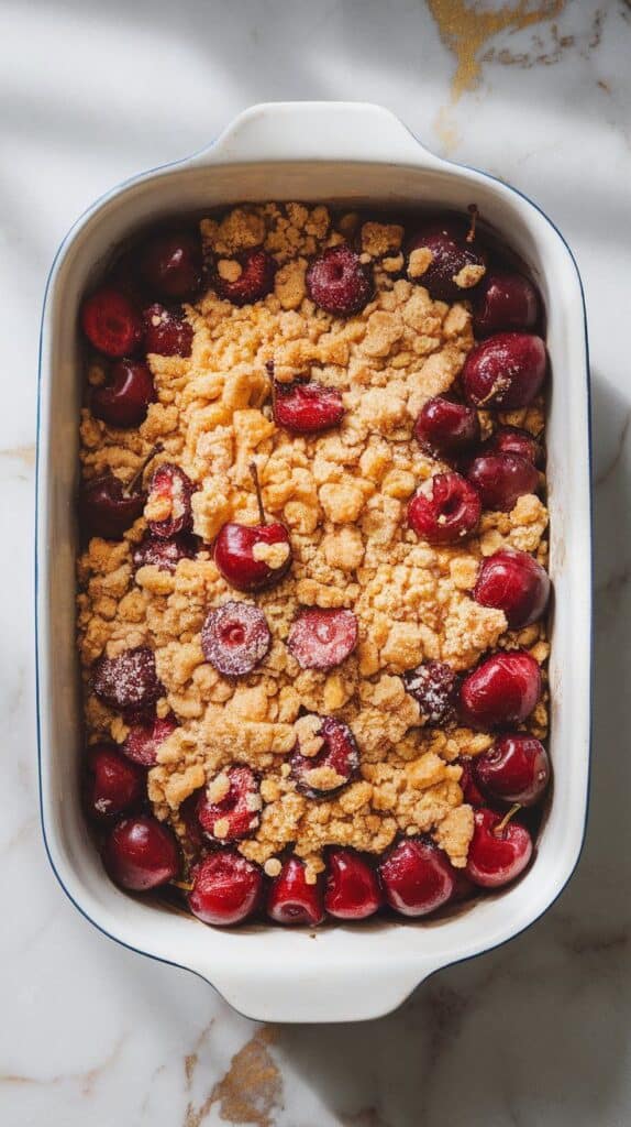  crumbly cornmeal topping being sprinkled evenly over cherry filling in the baking dish, mixture slightly mounded and rustic-looking