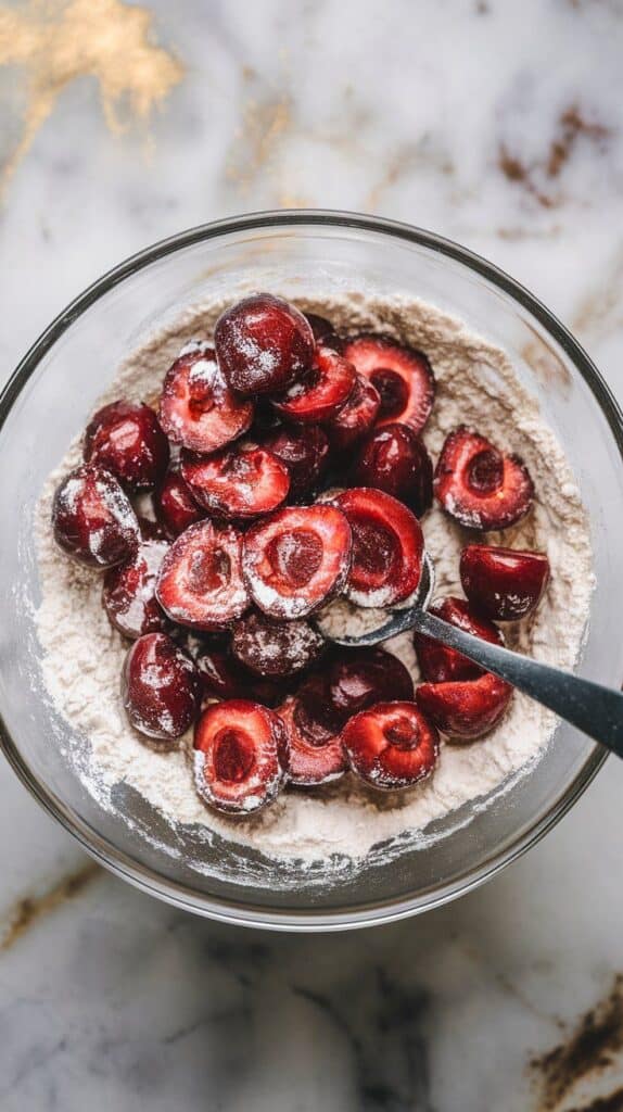 halved cherries being tossed in flour with a spoon, cherries lightly coated to prevent sinking, in a glass bowl