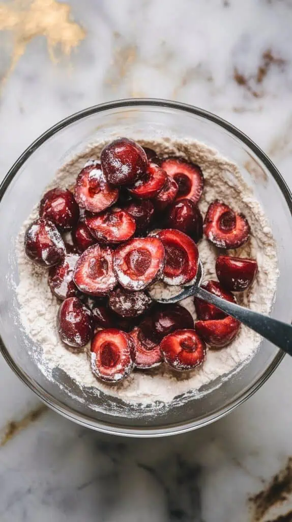 halved cherries being tossed in flour with a spoon, cherries lightly coated to prevent sinking, in a glass bowl