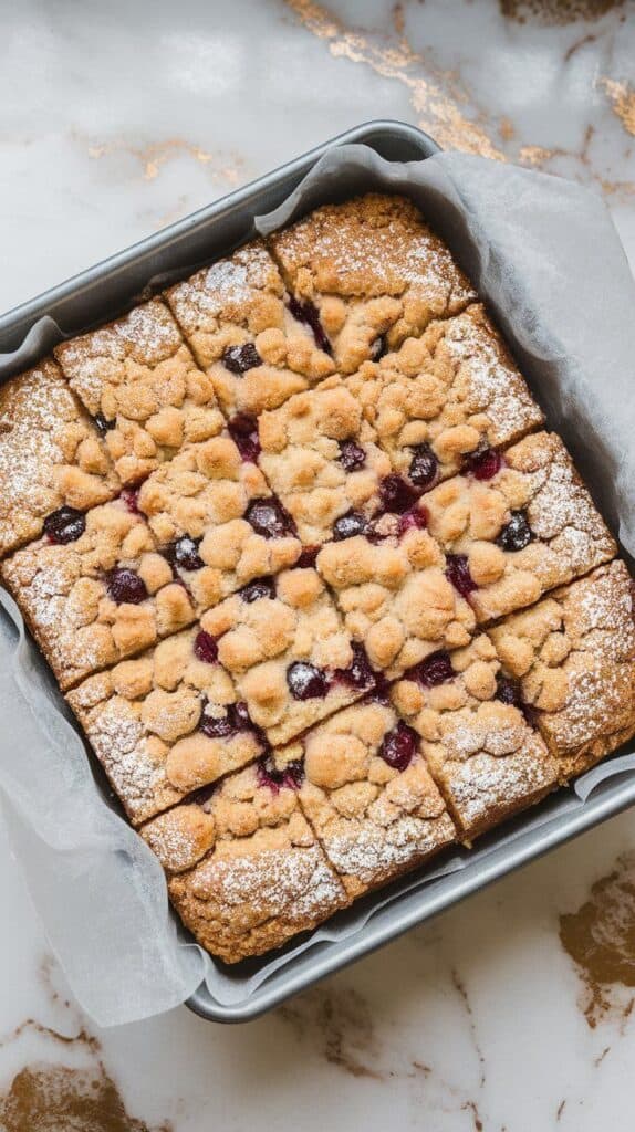 baked cherry crumb coffee cake fully cooled and sliced into squares in a metal baking pan, crumb topping golden and dusted with powdered