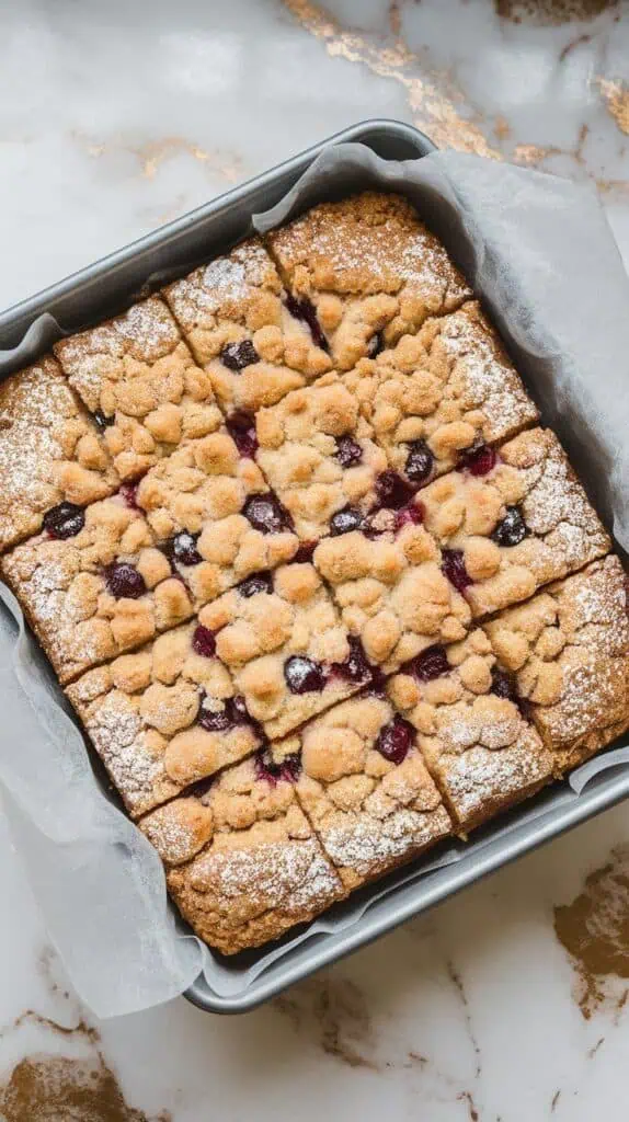 baked cherry crumb coffee cake fully cooled and sliced into squares in a metal baking pan, crumb topping golden and dusted with powdered