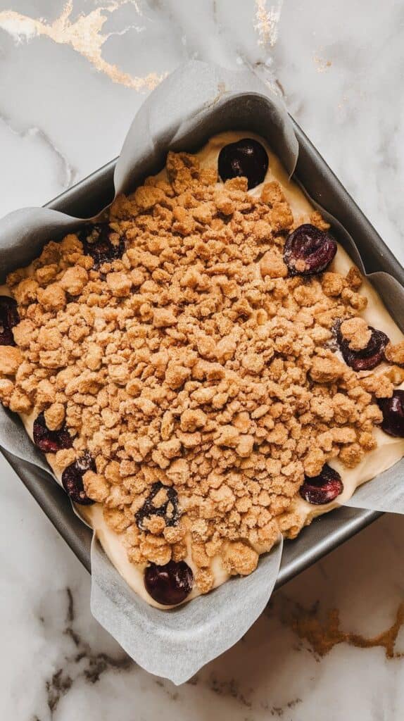 crumb topping being sprinkled generously over smooth cake batter with cherries underneath, golden crumbs slightly coarse