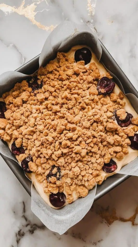 crumb topping being sprinkled generously over smooth cake batter with cherries underneath, golden crumbs slightly coarse