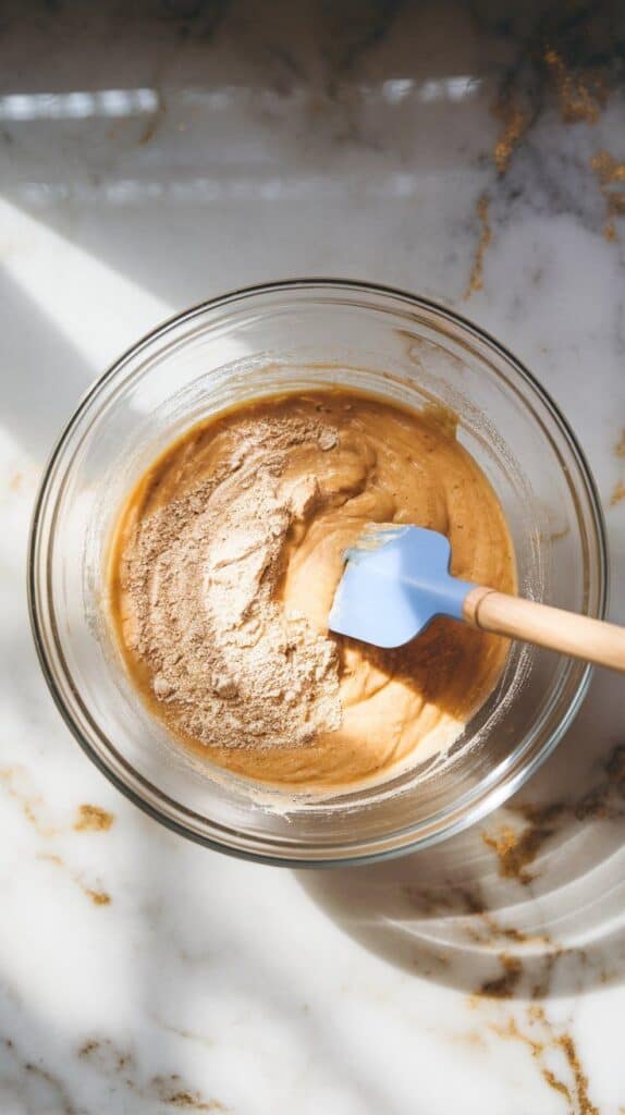 dry flour mixture being added to the wet batter in a glass bowl, gently folded in with a spatula until just combined