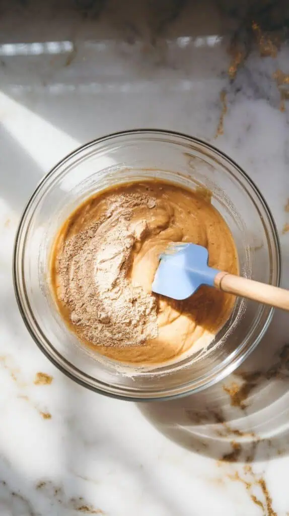 dry flour mixture being added to the wet batter in a glass bowl, gently folded in with a spatula until just combined