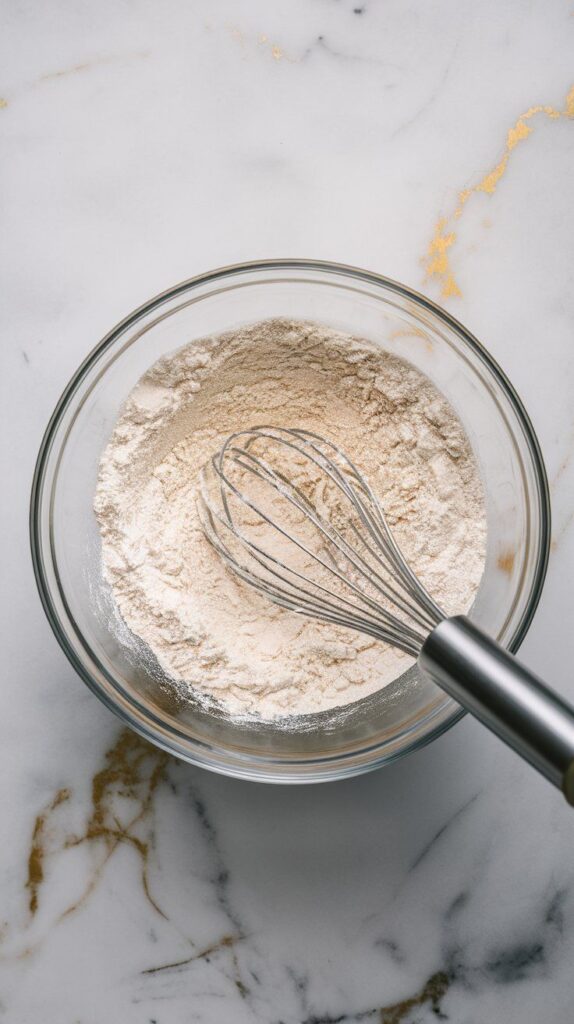 lour, baking powder, and salt being whisked together in a medium mixing bowl, light fluffy texture, on white marble counters with hints of gold