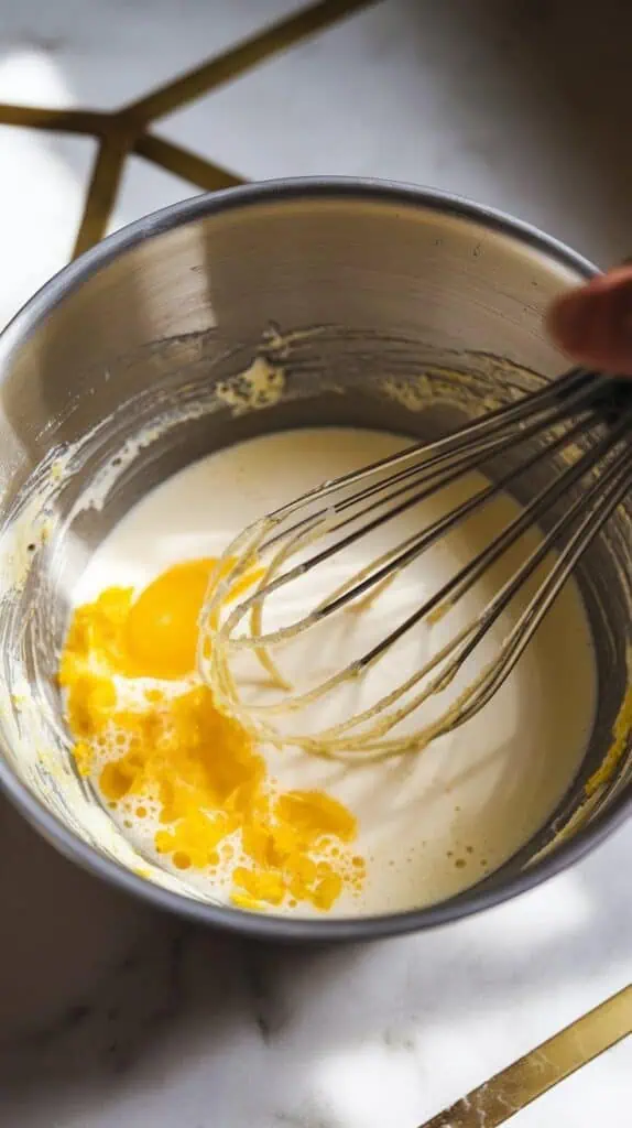 wet muffin ingredients being whisked together in a medium bowl: melted butter, eggs, Greek yogurt, milk, lemon zest, lemon juice, and vanilla forming a smooth pale yellow mixture