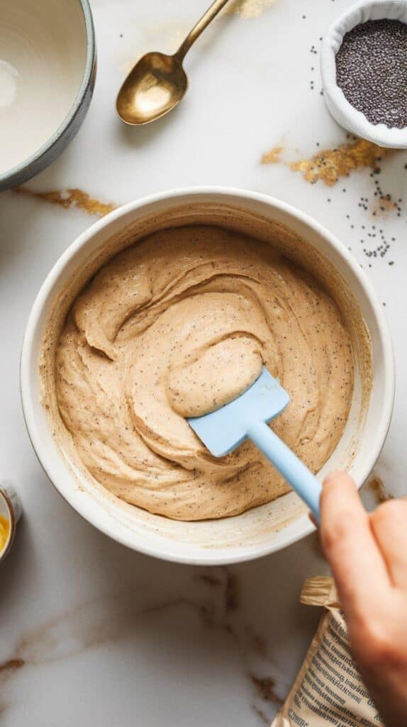 wet muffin batter being gently stirred into dry ingredients with a spatula, forming a thick, slightly lumpy batter with specks of poppy seed