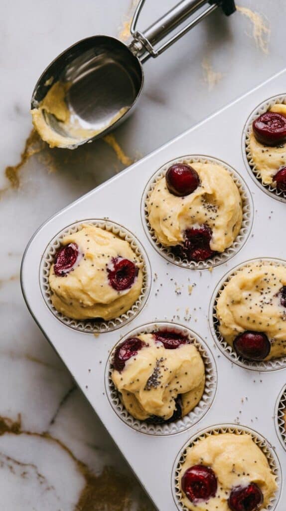 emon cherry muffin batter being scooped into a white-lined muffin tin with a scoop, batter dotted with cherries and poppy seeds,