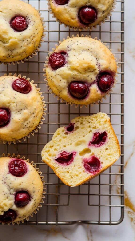 baked cherry lemon poppy seed muffins cooling on a wire rack, golden tops with visible cherry pieces and flecks of poppy seeds, one muffin split in half to show inside texture