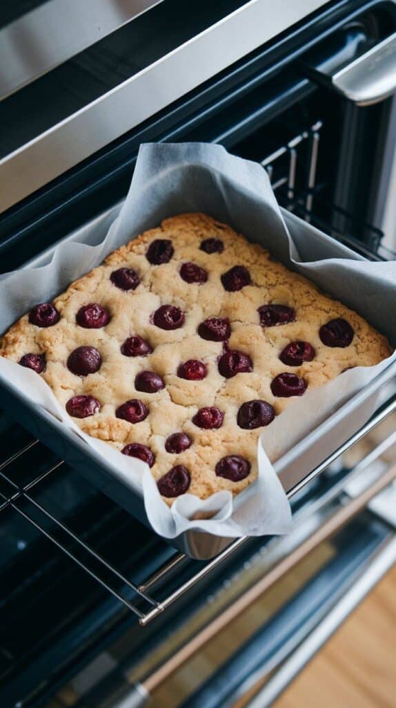 cherry oatmeal cookie bars baking in an 8x8 pan, edges turning golden and center puffing slightly, on a modern stainless steel double oven