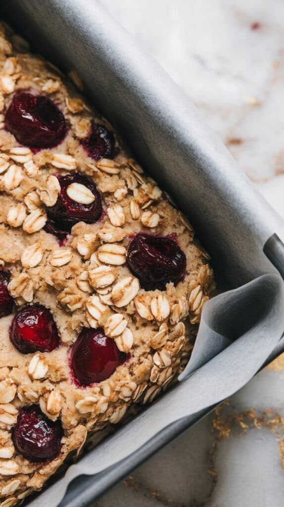 oatmeal cherry dough being pressed firmly into a parchment-lined baking dish, spreading evenly to edges
