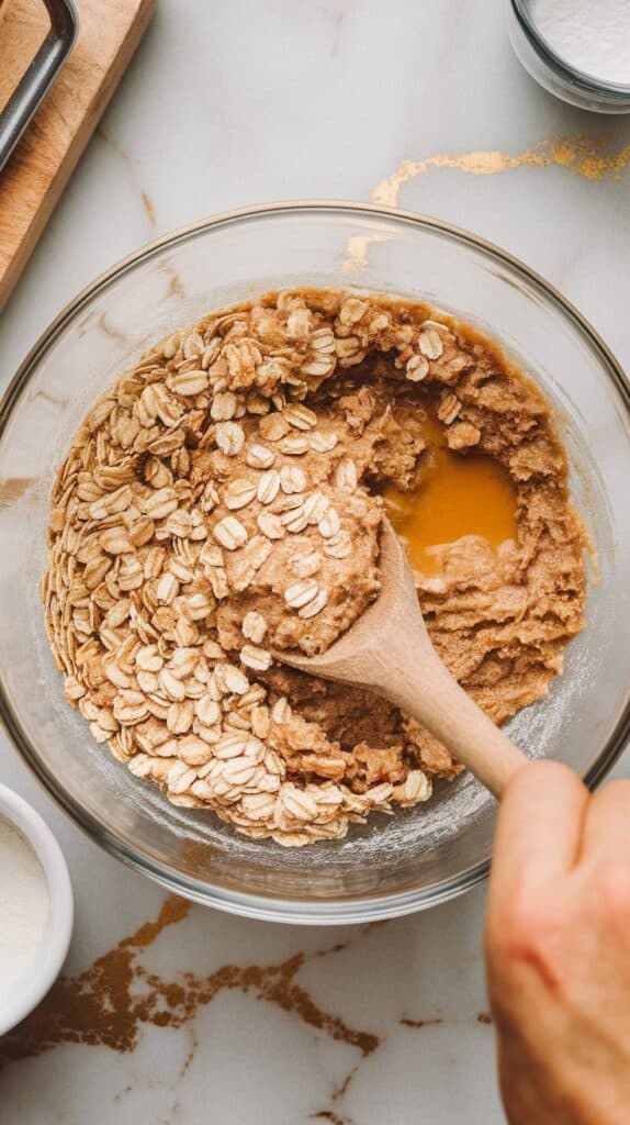 wet ingredients being stirred into dry oat and flour mix, forming a soft cookie dough texture, oats still visible