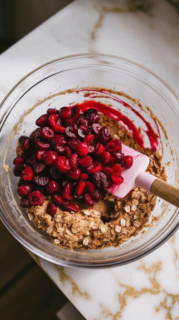 bright red chopped cherries being folded into oatmeal cookie dough with a spatula, cherry juice slightly streaking through the mix