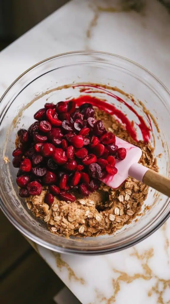 bright red chopped cherries being folded into oatmeal cookie dough with a spatula, cherry juice slightly streaking through the mix
