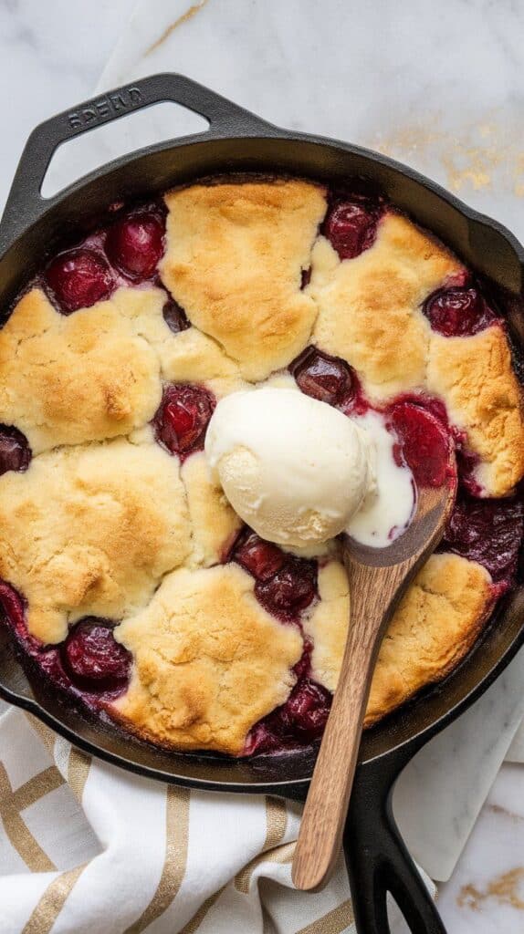 aked cherry vanilla cobbler in a cast-iron skillet, golden brown crust and juicy cherries visible, served with a wooden spoon and scoop of melting vanilla