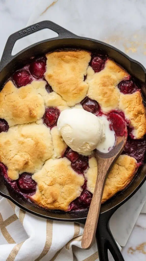 aked cherry vanilla cobbler in a cast-iron skillet, golden brown crust and juicy cherries visible, served with a wooden spoon and scoop of melting vanilla