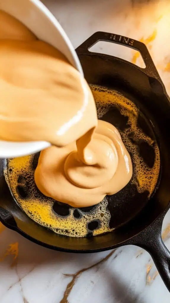 smooth vanilla batter being gently poured into cast-iron skillet over melted butter, yellow edges forming around the batter as it settles
