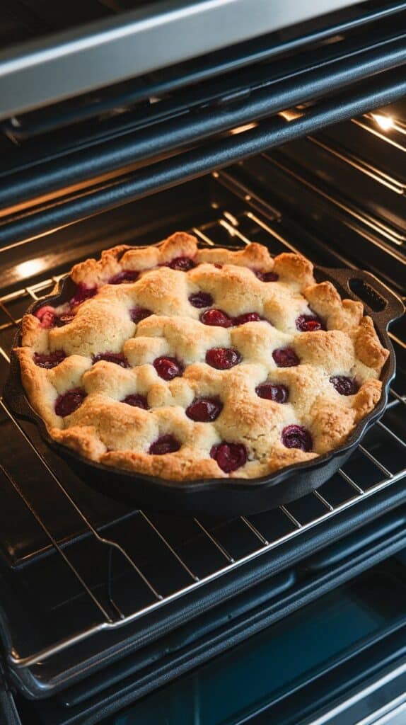 cherry vanilla skillet cobbler rising and bubbling in the oven, golden cake top forming with cherries poking through, crisped edges, on a modern stainless steel double oven