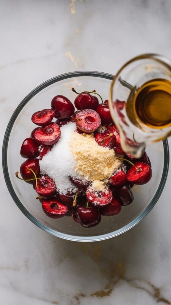  halved cherries being tossed with granulated sugar, cornstarch, and vanilla extract in a glass bowl, juices starting to release, on white marble counters