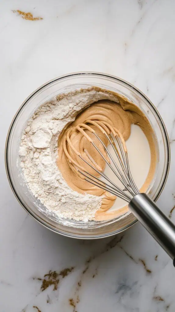 flour, sugar, baking powder, and salt being whisked in a mixing bowl, followed by milk and vanilla being poured in and whisked into a smooth 
