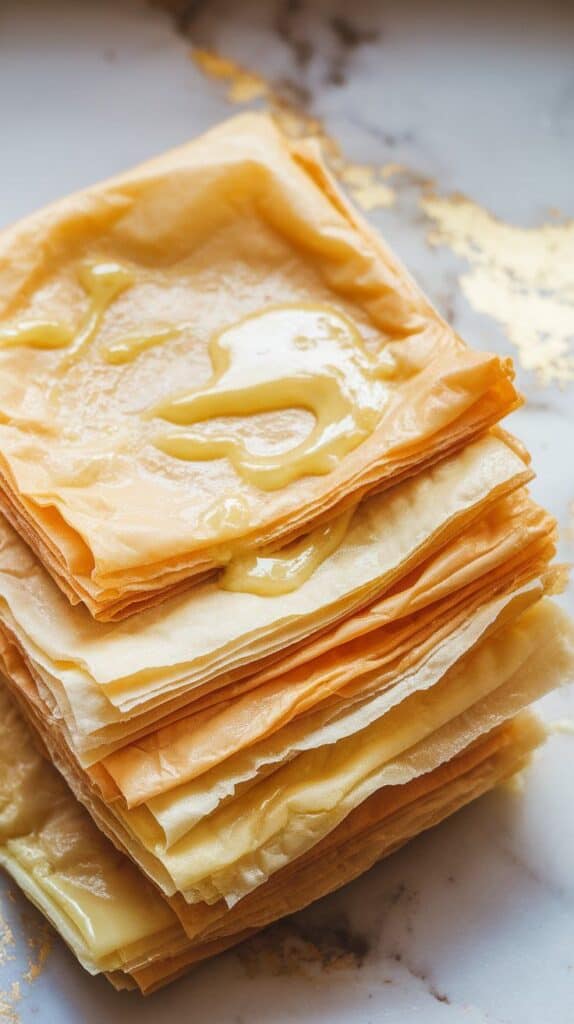 three stacked phyllo sheets brushed with melted butter, being sliced into squares with a sharp knife, edges clean and butter glistening, on white marble counters with hints of gold